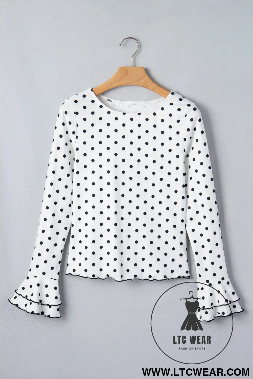 Black polka dot print lettuce trim long sleeve top - long sleeve tops
