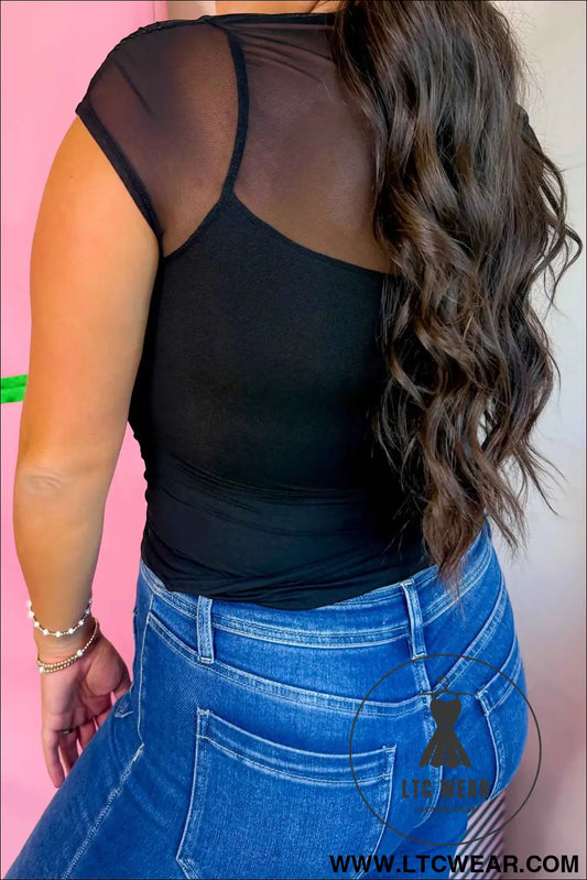 Black Sheer Mesh Patchwork Cap Sleeve T Shirt