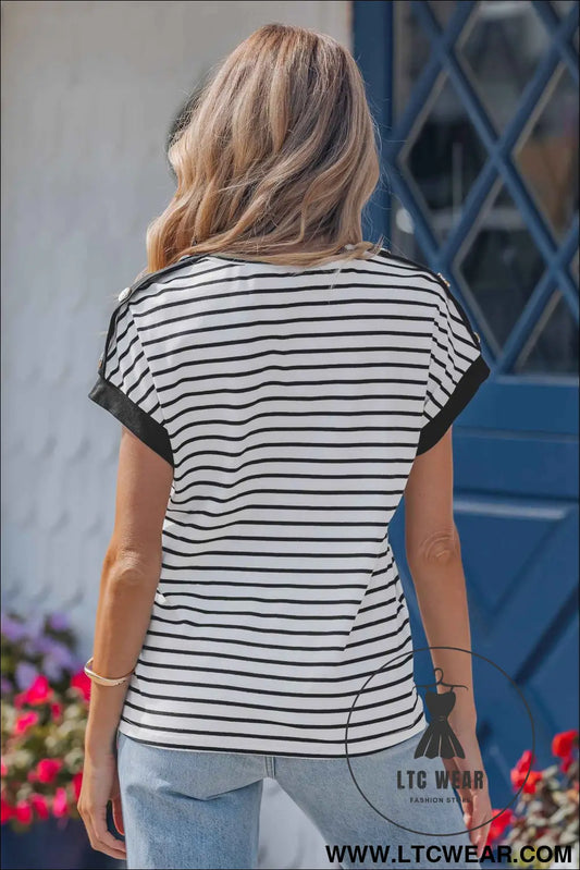Black Stripe Cuffed Sleeve Button Detail Loose Tee