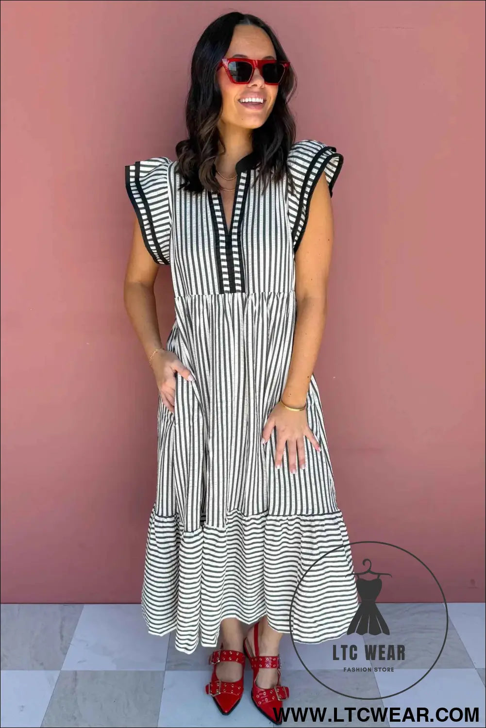 Black Stripe Plus Size Slit V Neck Tiered Flutter Sleeve Maxi Dress