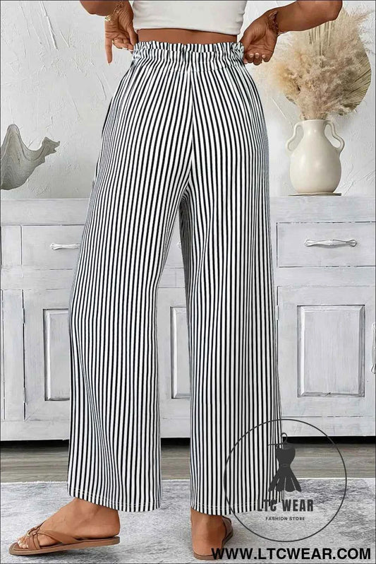 Black Striped Frill Knot Waist Decor Pants