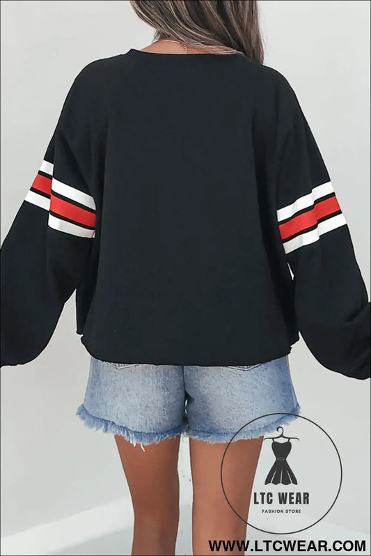 Black Varsity Spirit Striped 89 Graphic Casual Sweatshirt