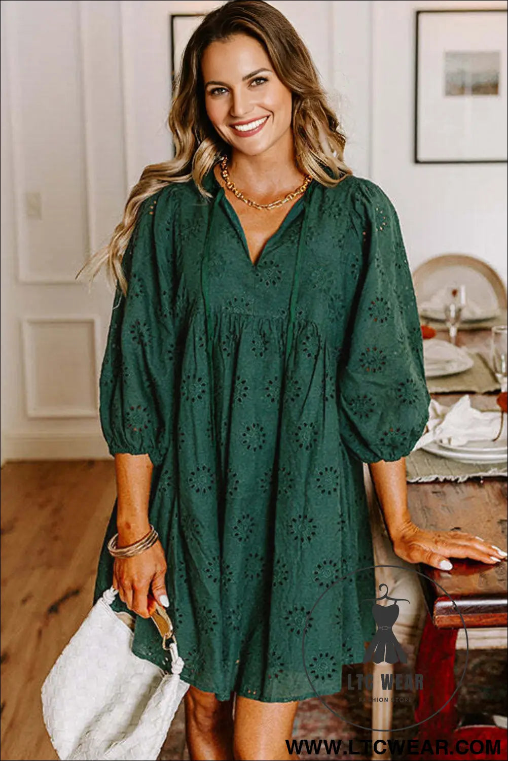 Blackish green embroidered eyelet pattern puff sleeve mini dress - mini dresses