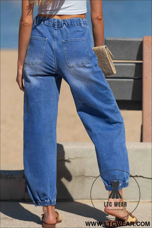 Blue 4 Buttons Front Tapered Casual Loose Fit Jeans