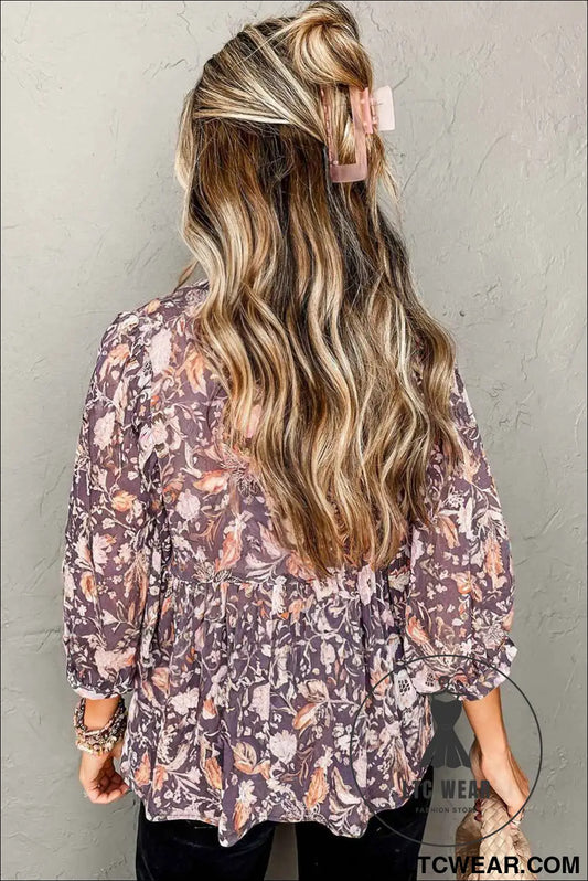Blue Boho Floral Print 3/4 Sleeve Babydoll Blouse