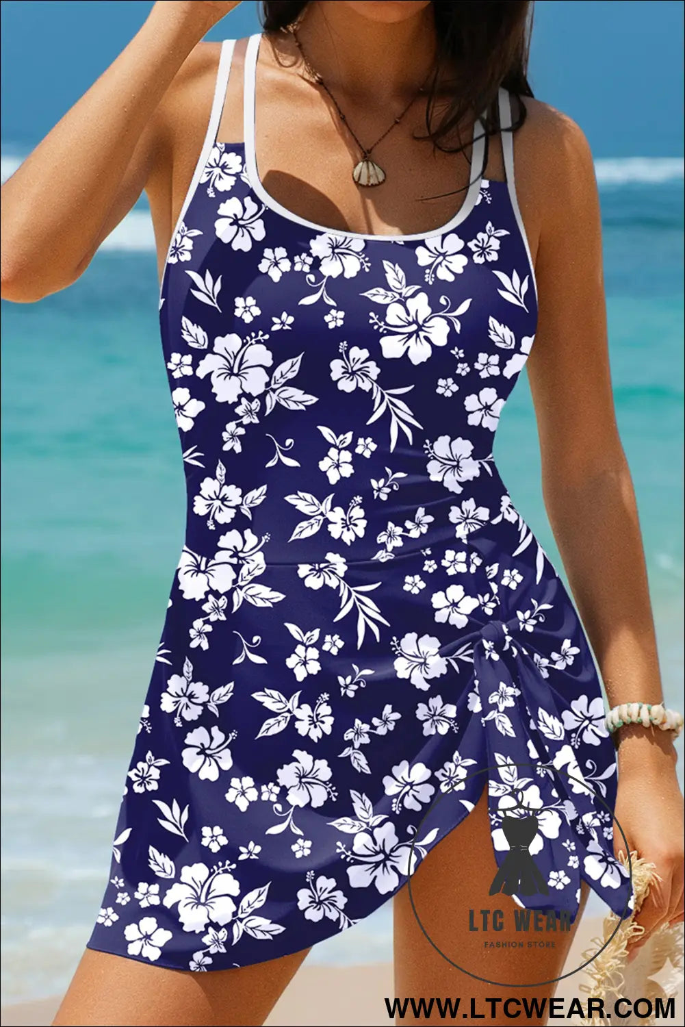 Blue Crossed Back Floral Print Asymmetric Knot Side One Piece Swimsuit - L.T.C Wear Online Fashion Store