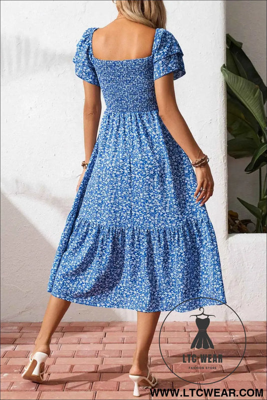 Blue Ditsy Floral Print Smocked Square Neck Ruffle Short Sleeve Dress