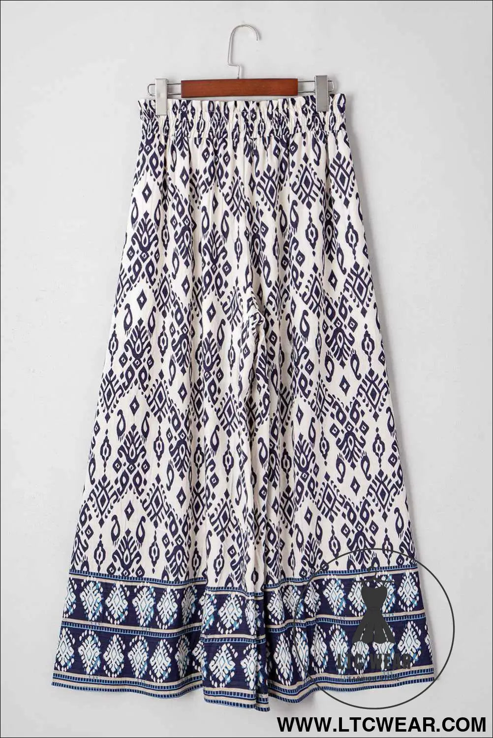 Blue Ethnic Print High Waist Wide Leg Loose Pants