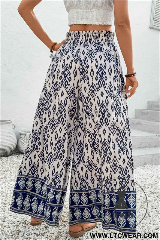 Blue Ethnic Print High Waist Wide Leg Loose Pants