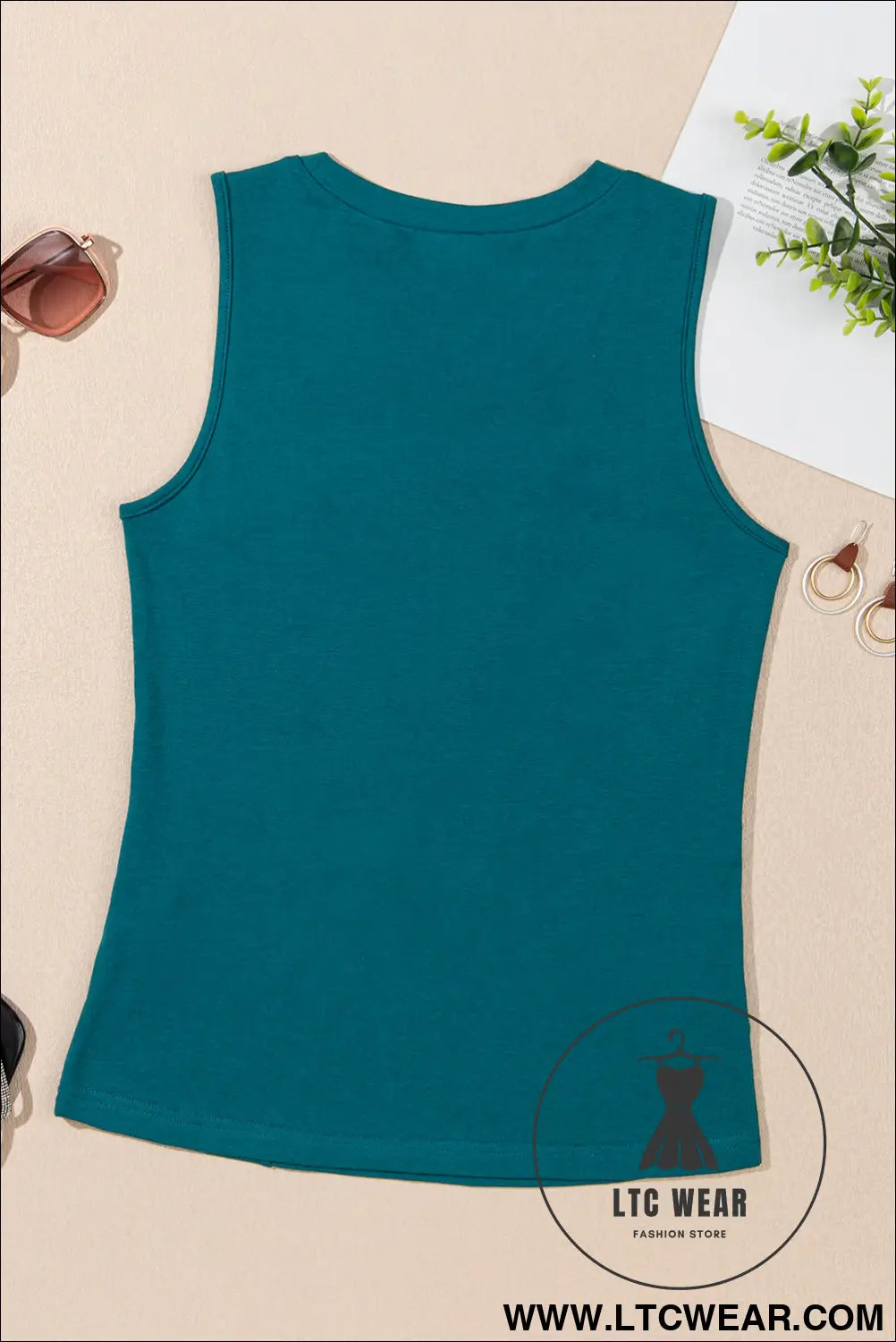 Blue Sapphire Solid Color Stitching Detail Round Neck Tank Top - L.T.C Wear Online Fashion Store