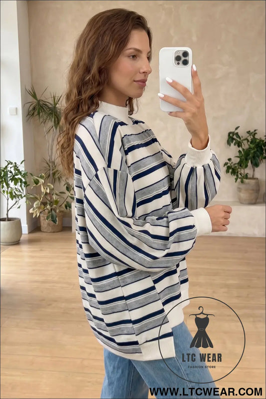 Blue Stripe Striped Ribbed Stand Neck Long Sleeve Shift Silhouette Sweatshirt