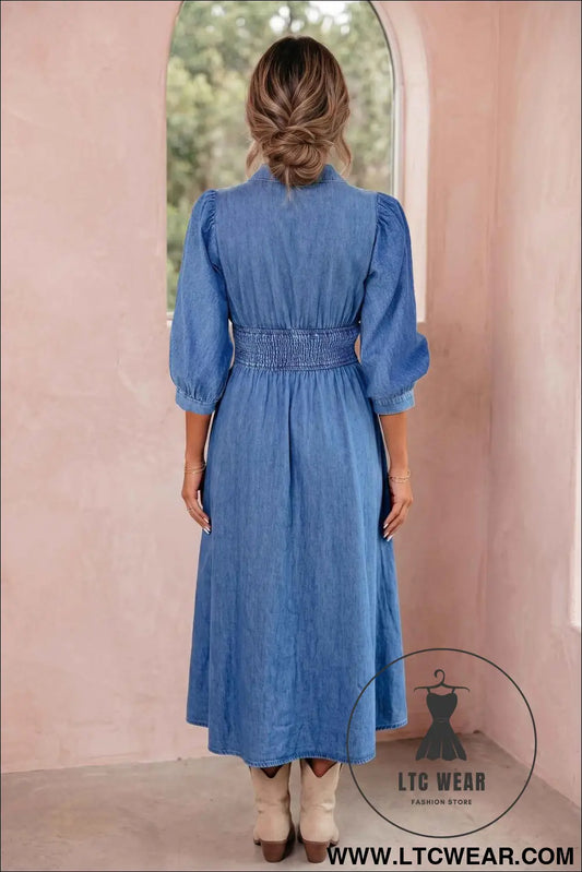 Blue V Neck Shirred Waist Metal Zipper Denim Midi Dress