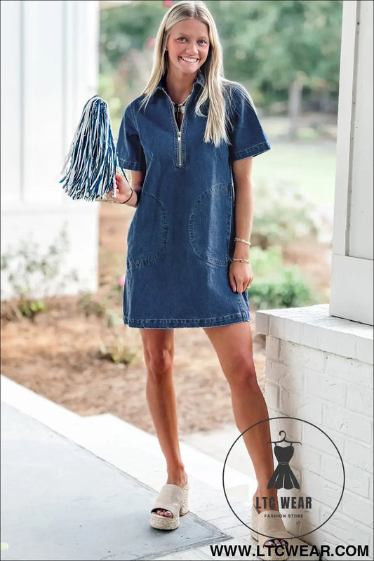 Blue zip up collared short sleeve shift mini denim dress - 30%