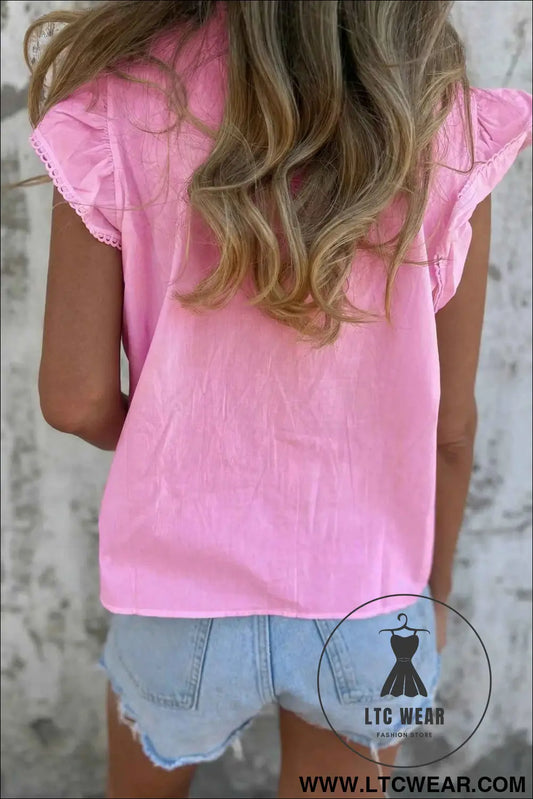 Bonbon Lace Detail Flutter Sleeve Pleated Round Neck Blouse