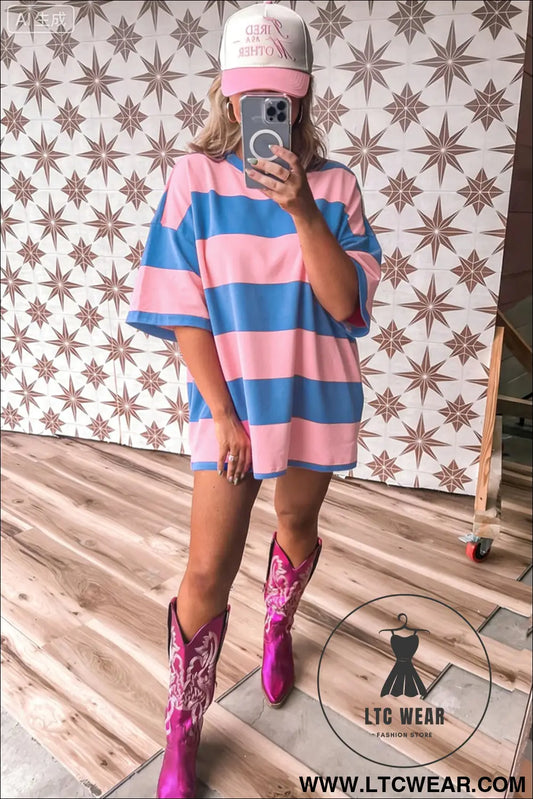 Bright pink striped color block oversize tunic tee - tops & tees