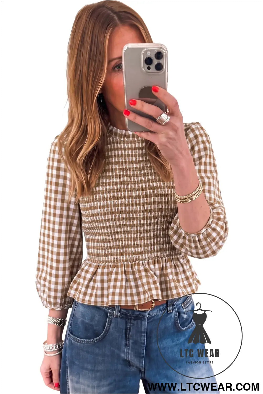 Brown 3/4 Sleeve Shirred Plaid Peplum Top