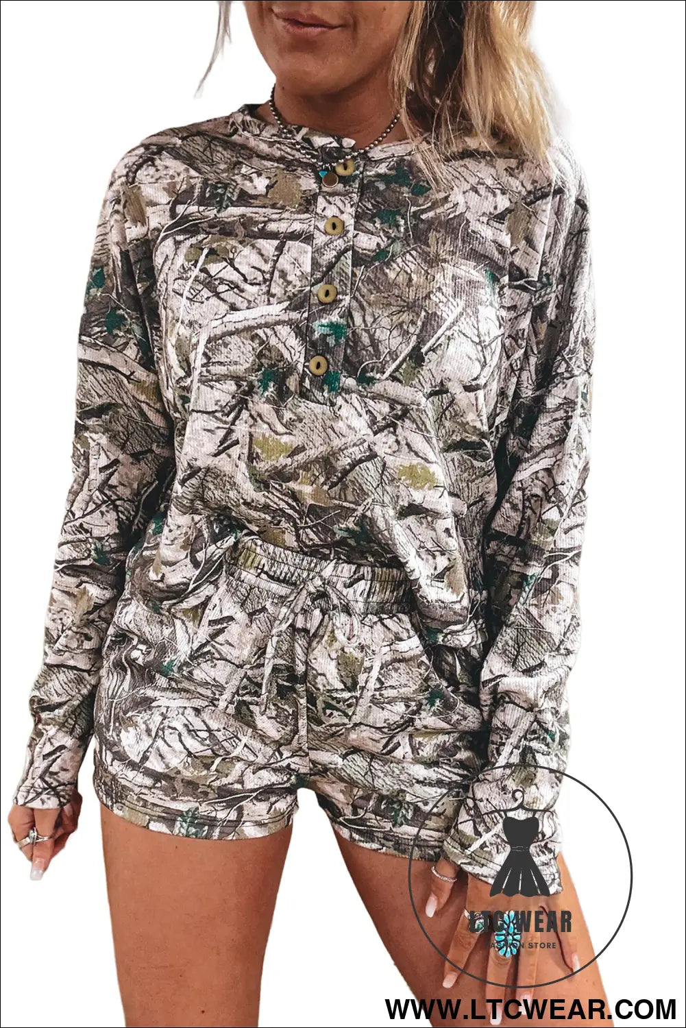 Brown camo long sleeve top elastic waist shorts two piece set - short sets