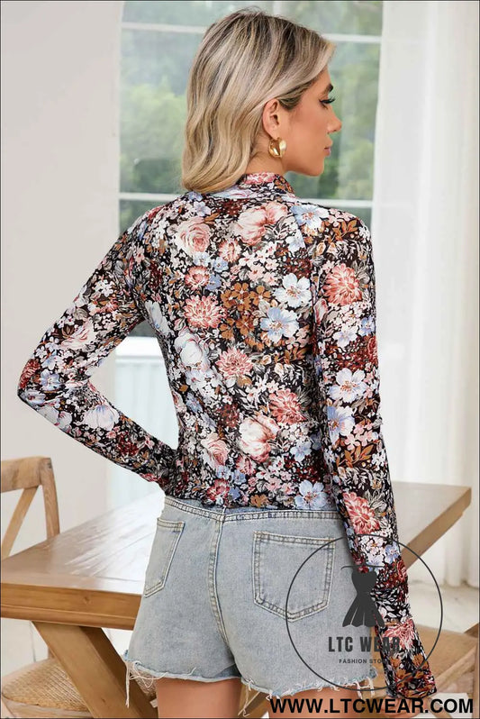 Brown Floral Print Mesh Mock Neck Slim Top