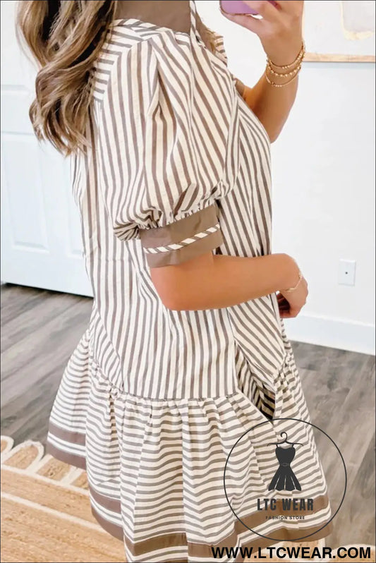 Brown Stripe Shirt Collar Color Block Patchwork Trim Ruffle Hem Short Dress