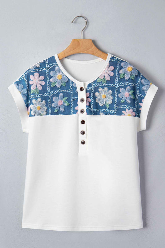 White Floral Patchwork Short Sleeve Viscose Blend Blouse