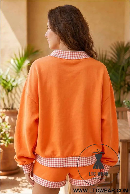Carrot Gingham Trim Baggy Pullover 2pcs Short Set