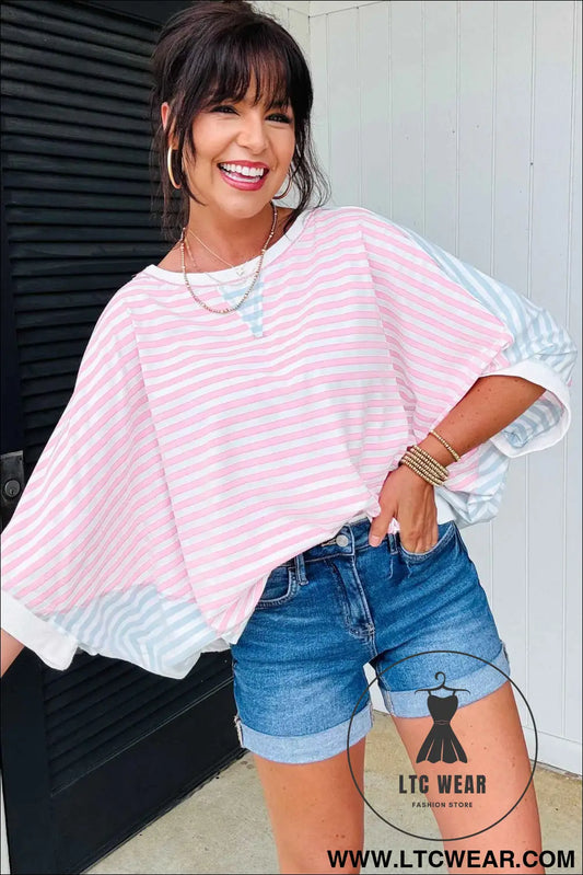 Casual Stripe Oversize Dolman Sleeve Patchwork T Shirt