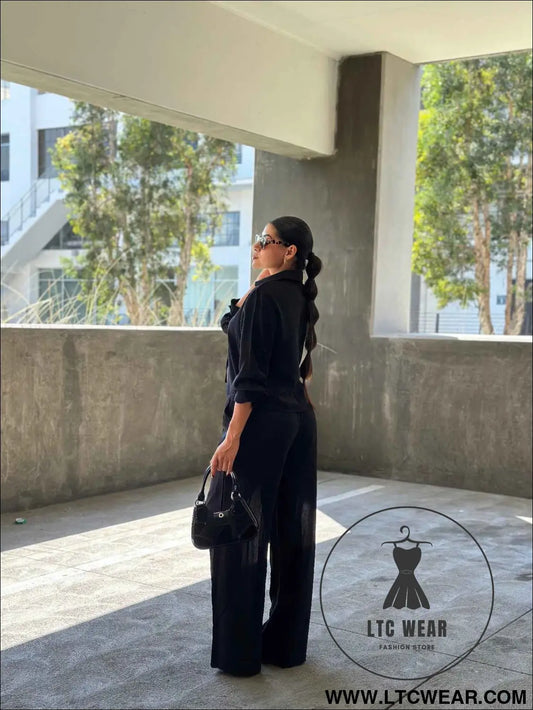 Casual Wide Leg Pants & Long Sleeve Front Tie Set