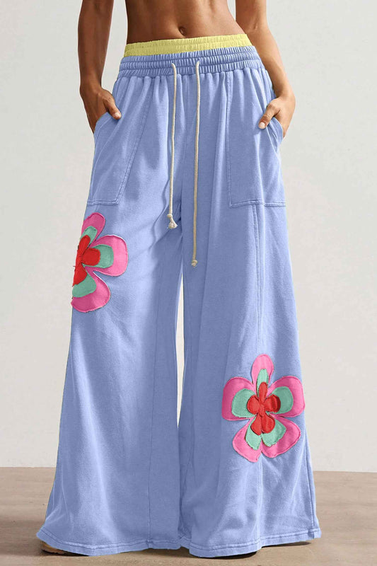 Sky Blue Color Block Flower Patchwork Drawstring Contrasted Elastic Waist Wide Leg Pants