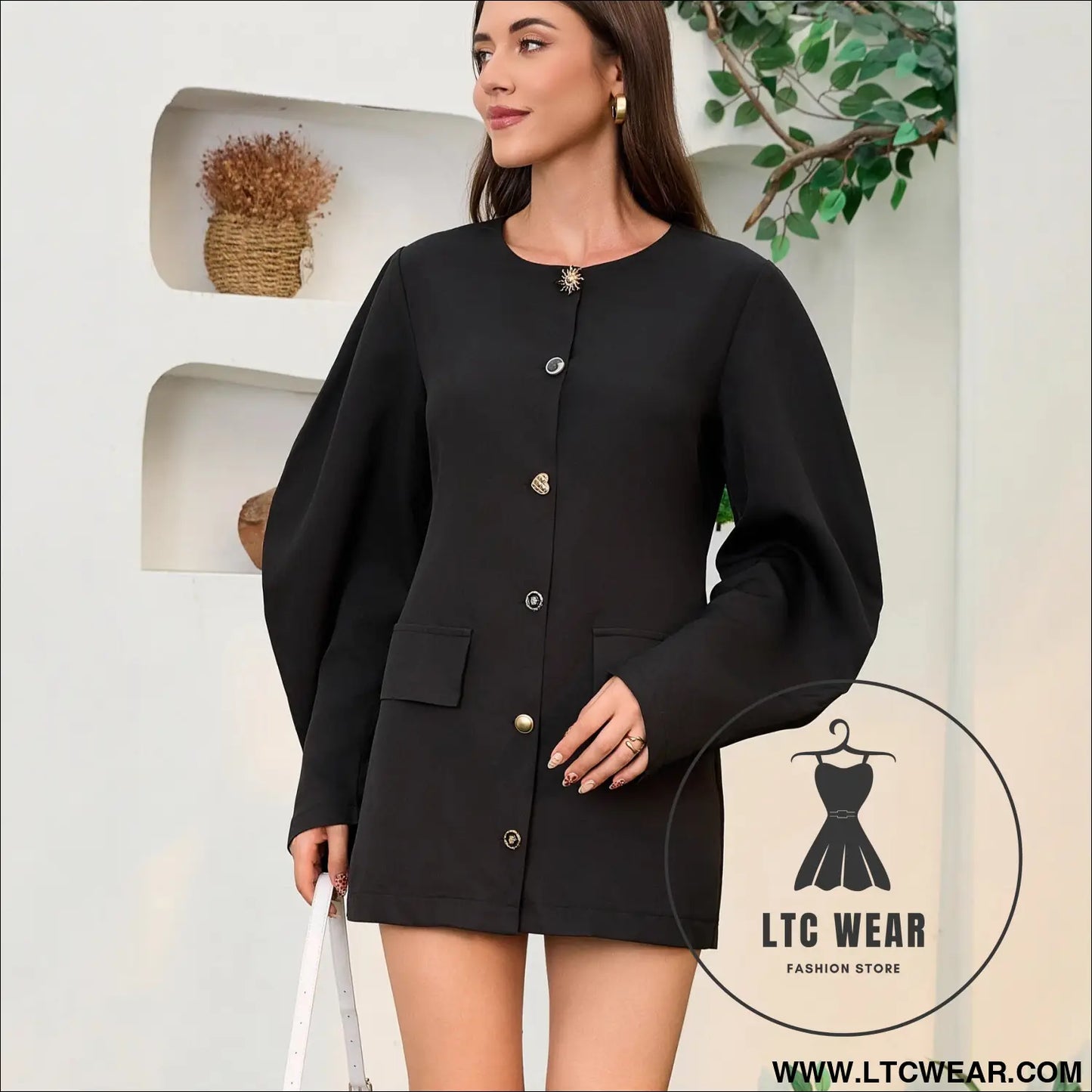 Chic bubble sleeve suit jacket with buttoned waist and round neck dress autumn/winter fashionable casual dress