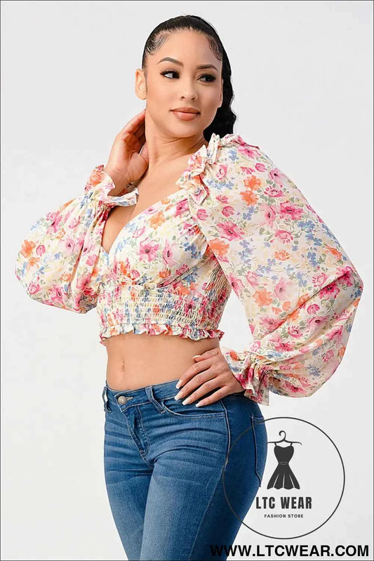 Chic Floral Sweetheart Smocked Body Blouse Top