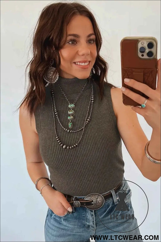 Chicory Coffee Western High Neck Sleeveless Ribbed Knit Vest Regular Fit Waist Slim Sheath One Piece Daily Wear