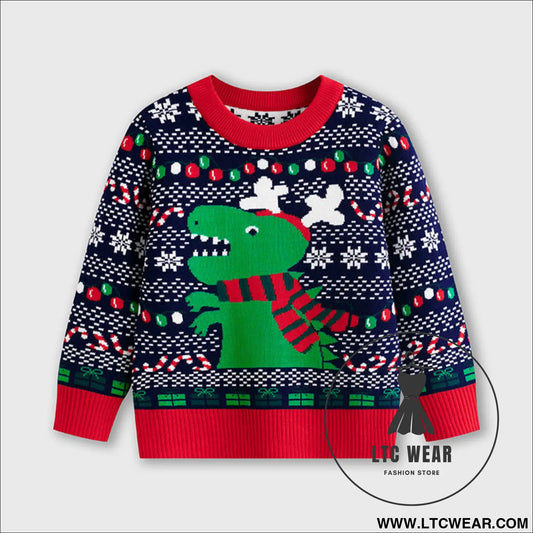 Children’s cartoon christmas dinosaur pullover sweater - navy blue / 3y(90cm)
