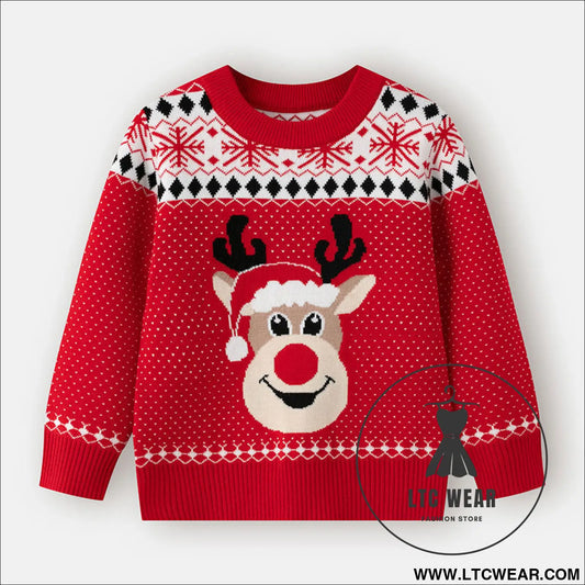Children’s christmas sweater cartoon deer base pullover knit sweater - red / 3y(90cm)