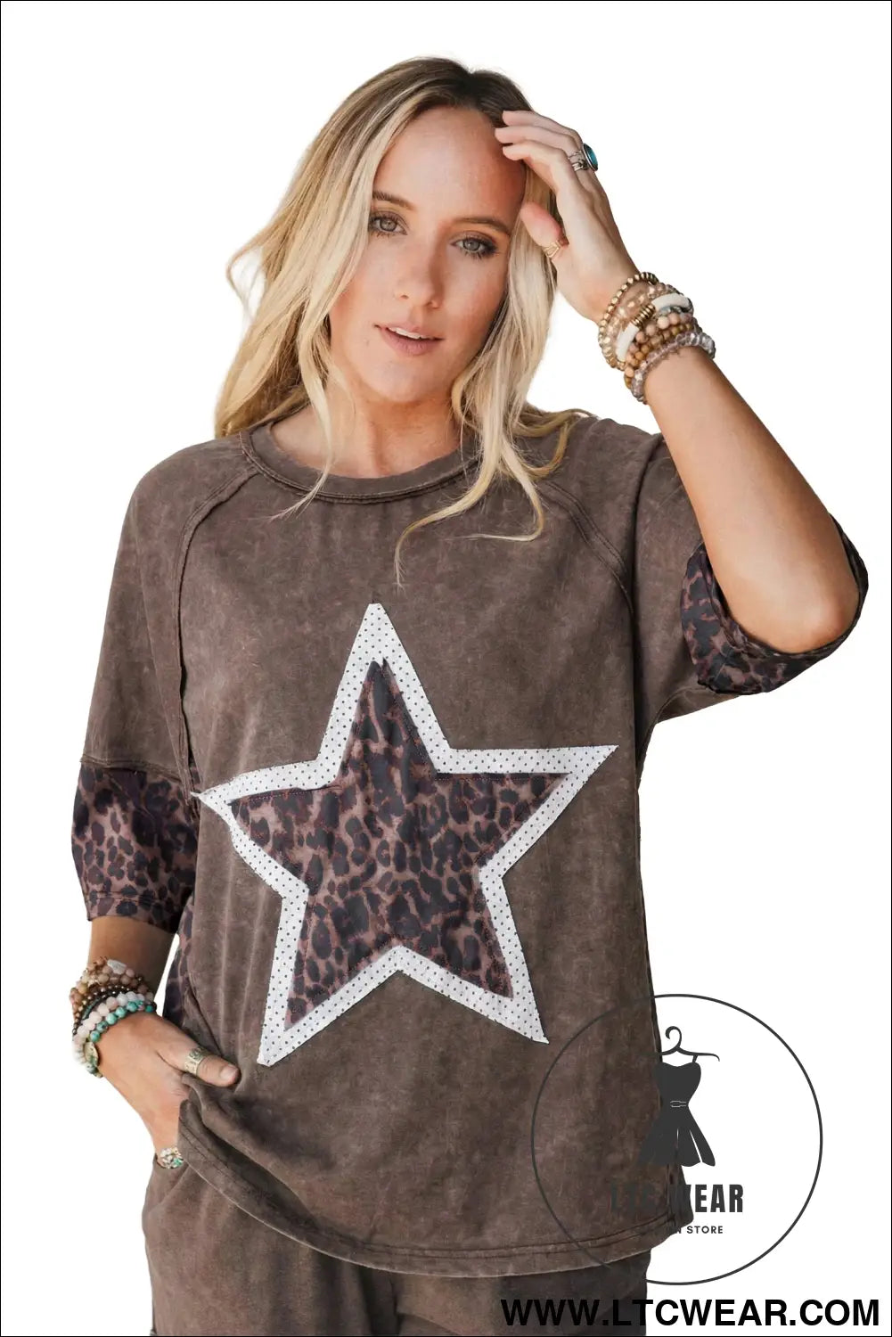 Coffee mineral wash exposed seam leopard star patched t shirt - tops & tees