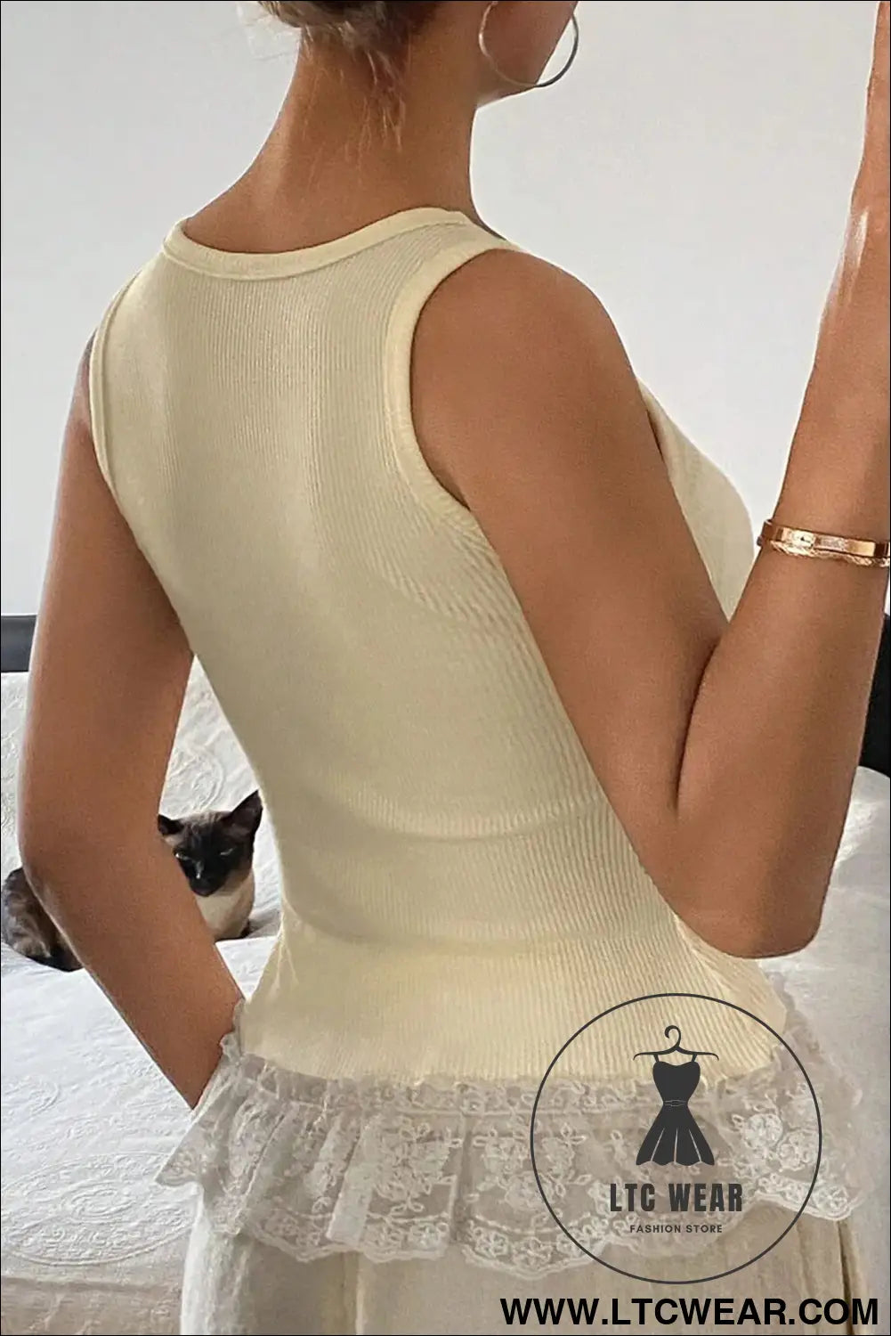 Coffee Ribbed Knit Sweet Lace Hem Vest - L.T.C Wear Online Fashion Store