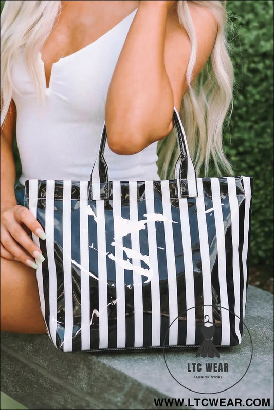Color black Glossy Striped Vinyl Large Tote Bag - L.T.C Wear Online Fashion Store