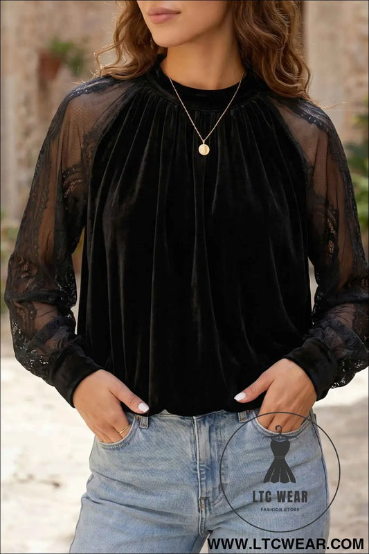 Color Black Solid Color Sheer Lace Long Sleeve Patchwork Stand Neck Velvet Blouse