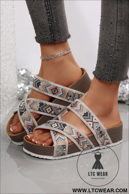 Color black Tribal Geometric Rhinestone Embellished Strappy Hollowed Platform Slippers - L.T.C Wear Online Fashion Store