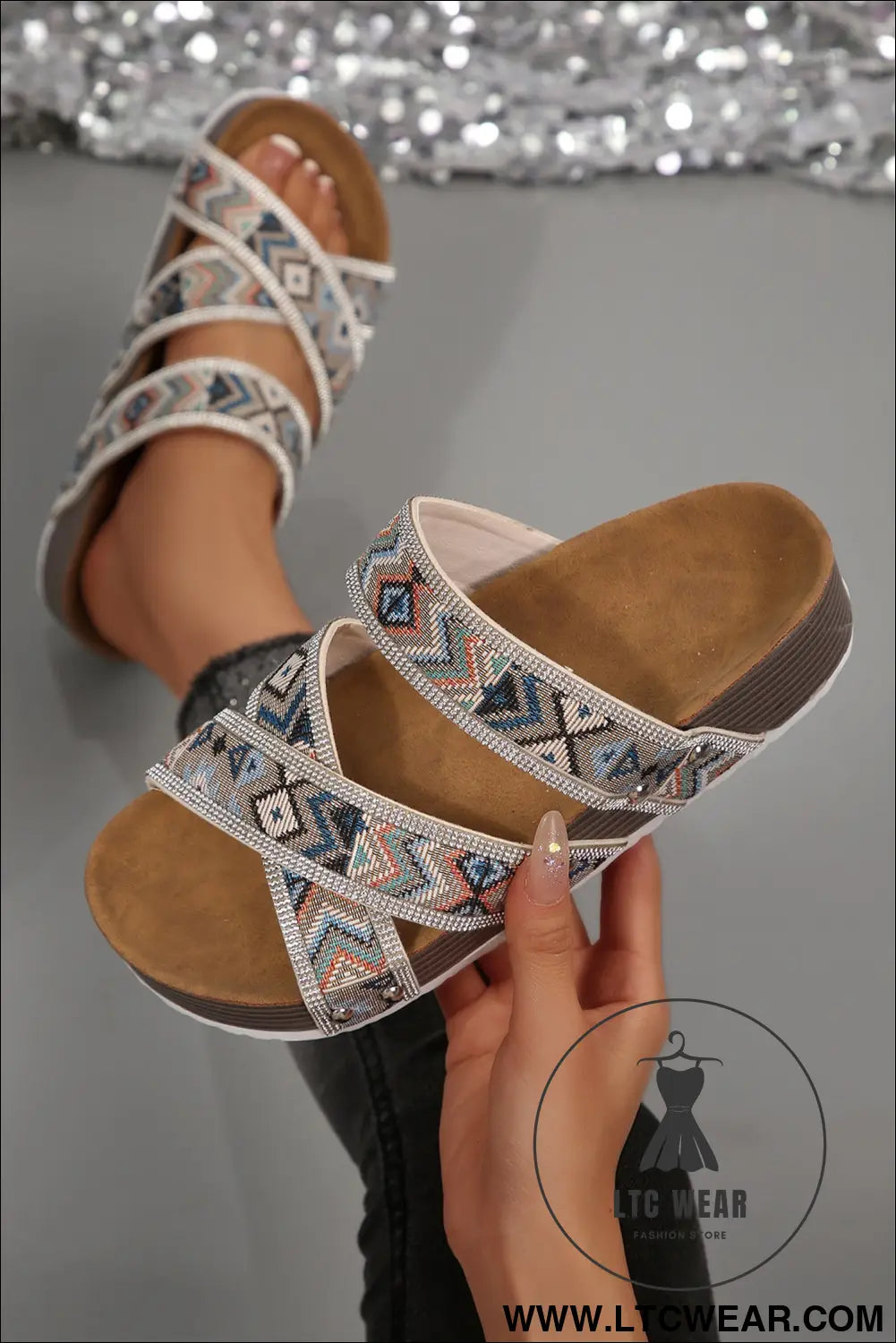 Color black Tribal Geometric Rhinestone Embellished Strappy Hollowed Platform Slippers - L.T.C Wear Online Fashion Store