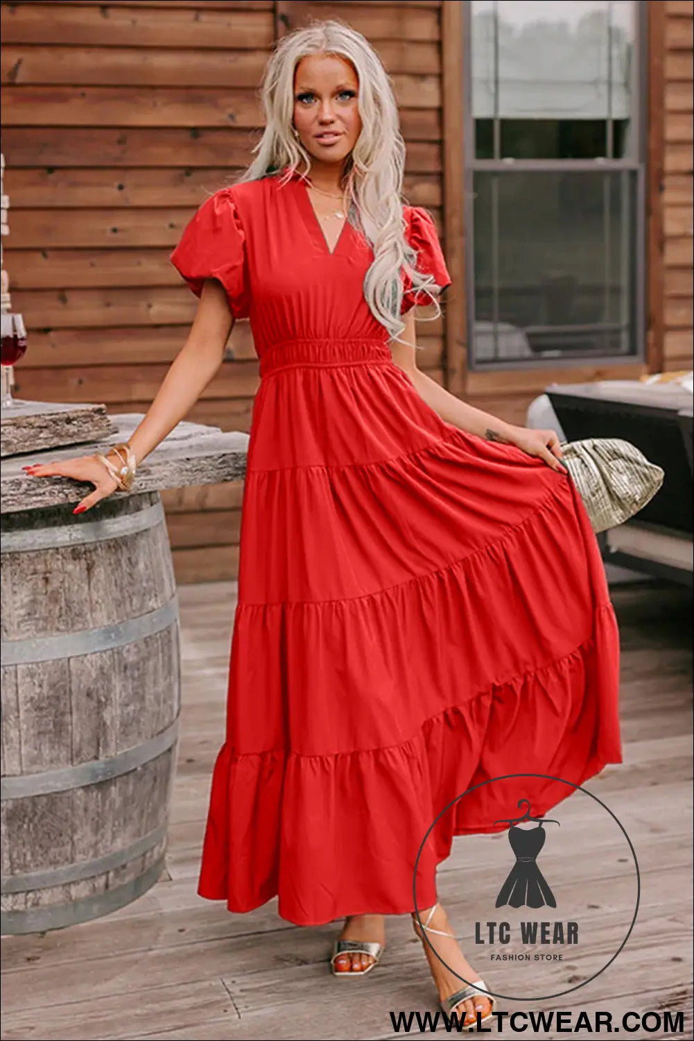 Coral solid color v neck short puff sleeve high waist tiered maxi dress - maxi dresses