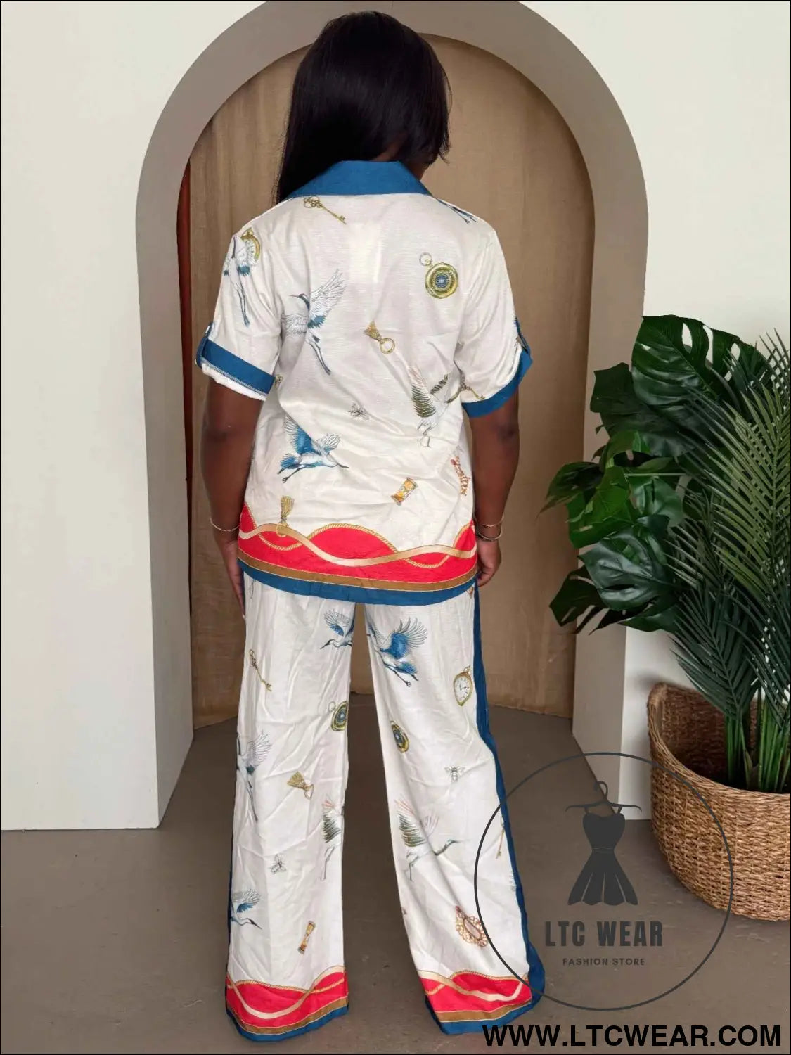 Crane & Nautical Print Shirt Pant Set Ivory Multi