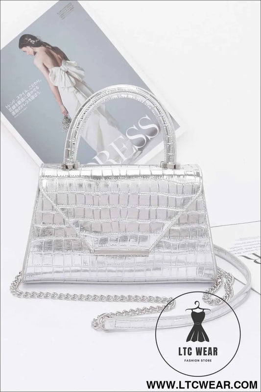 Crocodile Embossed Metallic Leather Top Handle Bag