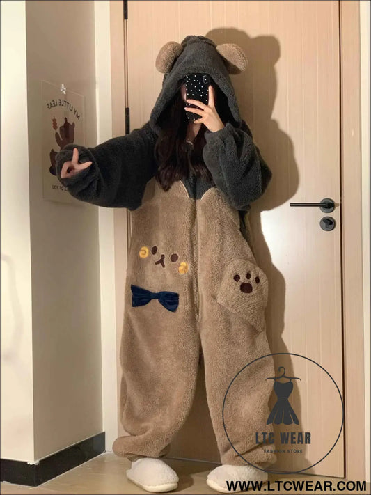 Cute Cartoon Bear Flannel Warm Adult Onesie Pajamas