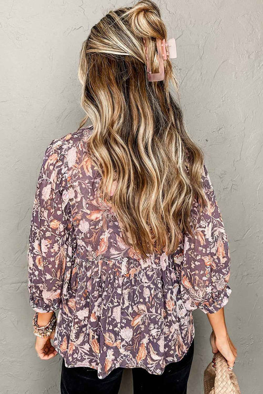 Blue Boho Floral Print 3/4 Sleeve Babydoll Blouse