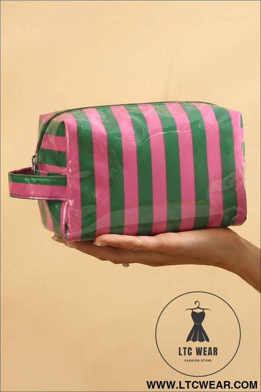 Dark Green PVC Striped Cosmetic Bag Durable Zipper Handle Travel Organizer