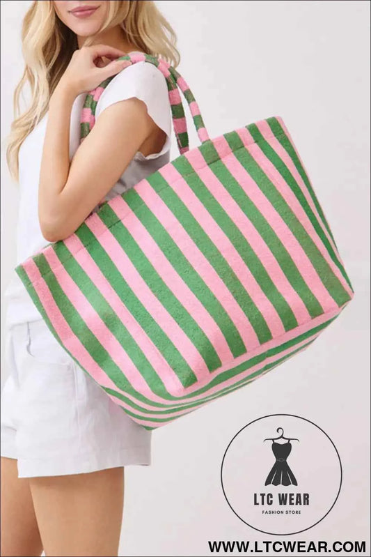 Dark Green Striped Terry Large Beach Tote Bag