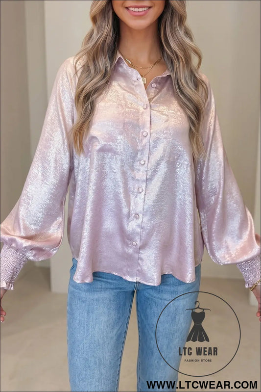 Delicacy Long Sleeve Button Front Ruffle Cuffs Back Paneling Shirt