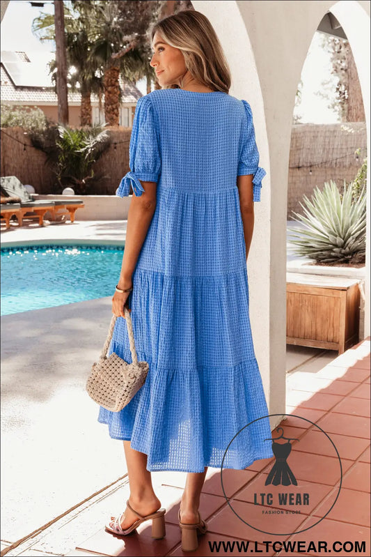 Dusk blue gingham textured bow tie short sleeve tiered midi dress - midi dresses
