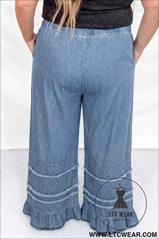 Dusk Blue Tiered Raw Edge Ruffled Plus Size Wide Leg Denim Pants