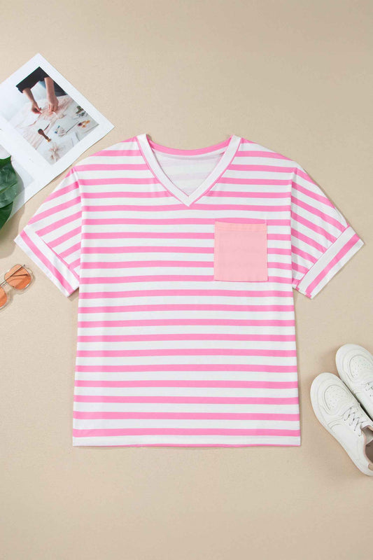 Pink Stripe Colorblock Patched Pocket V Neck Plus Size Tee